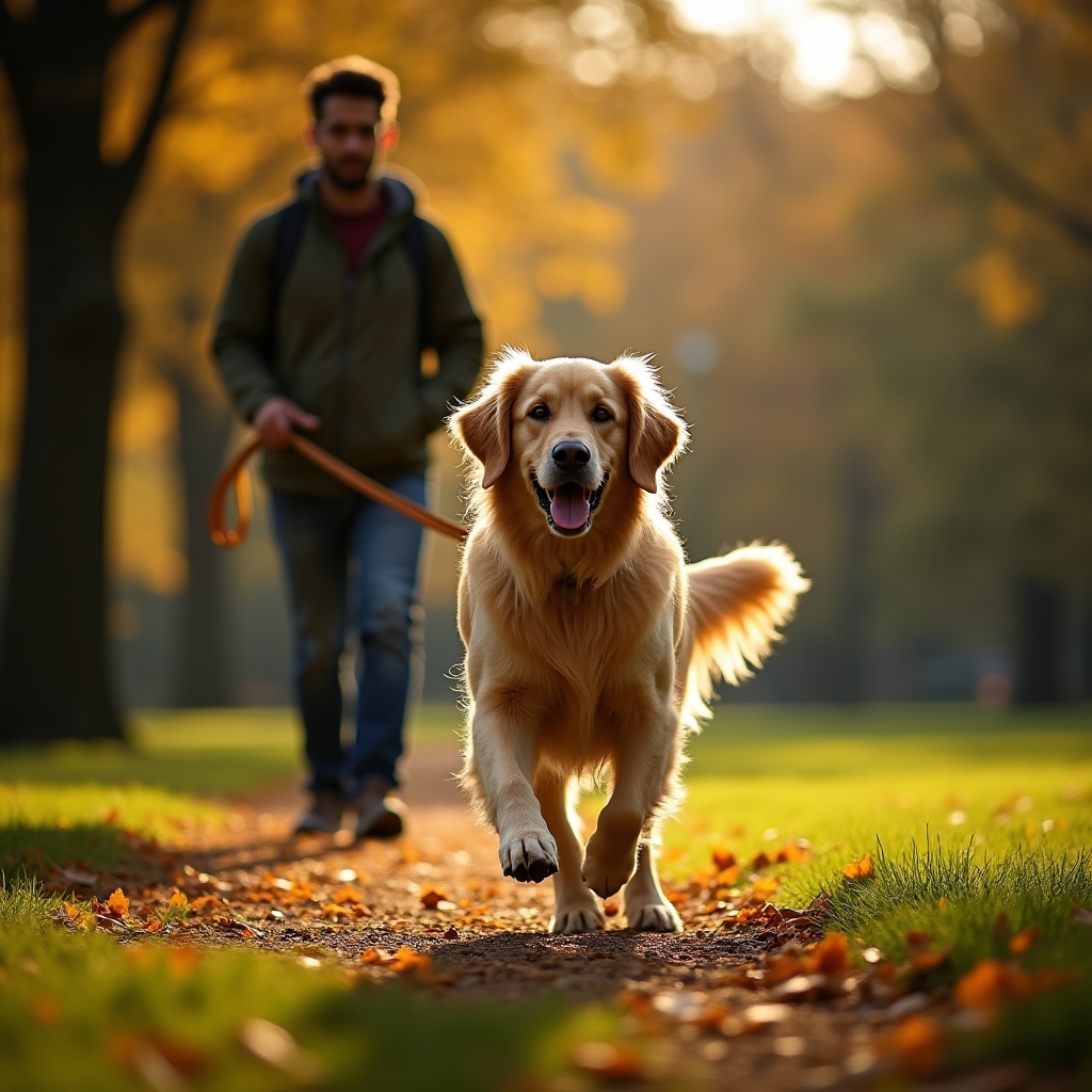 Golden retriever durante passeggiata nel parco con operatore Zeniqtraai