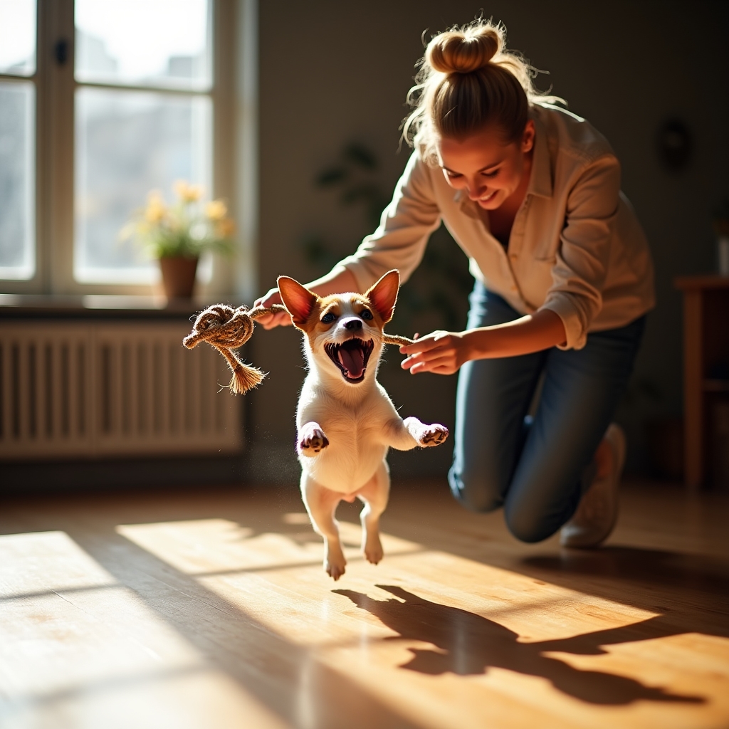 Piccolo cane di compagnia durante sessione di gioco con operatore